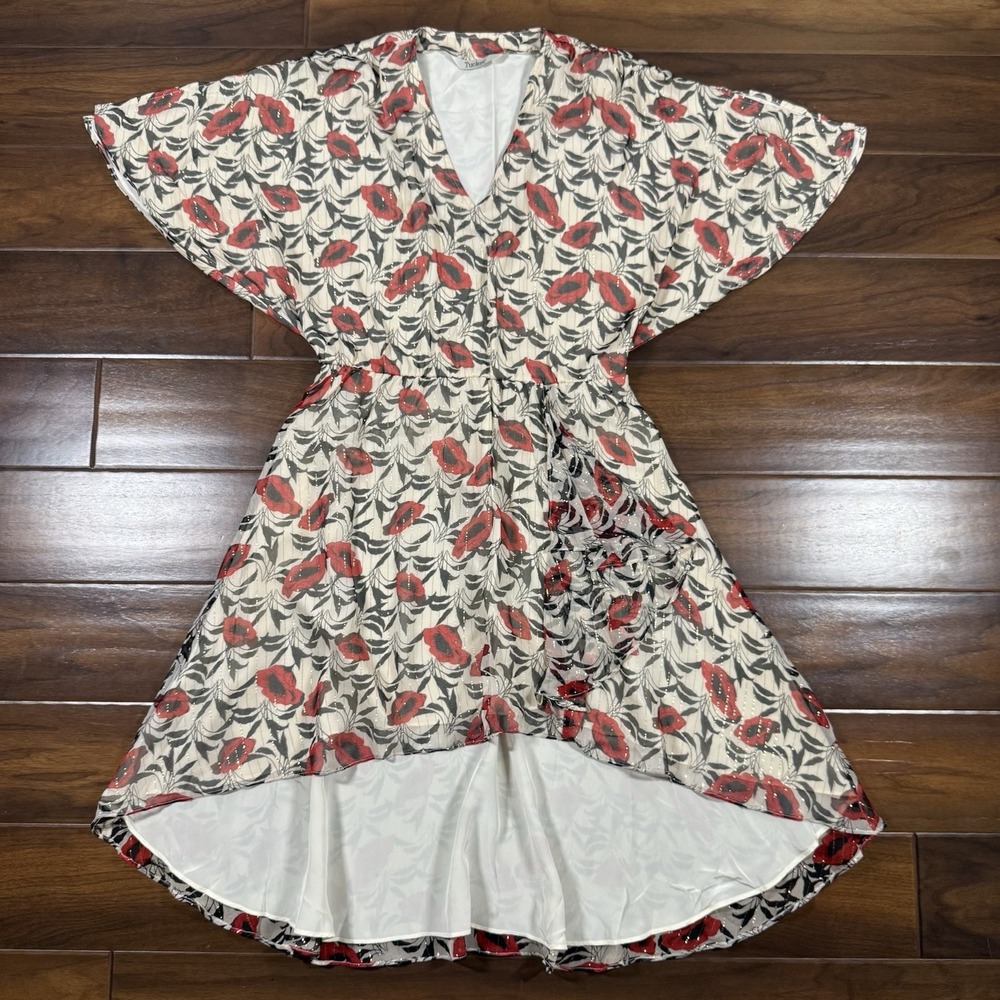 Tucker Women's Size Medium Floral Metallic Silk Blend‎ Ruffle High Low Dress